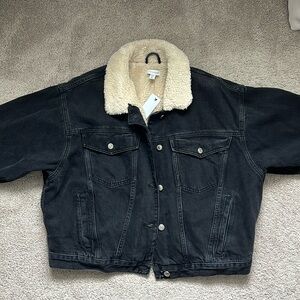 Topshop Oversized Borg Denim Jacket in Washed Black